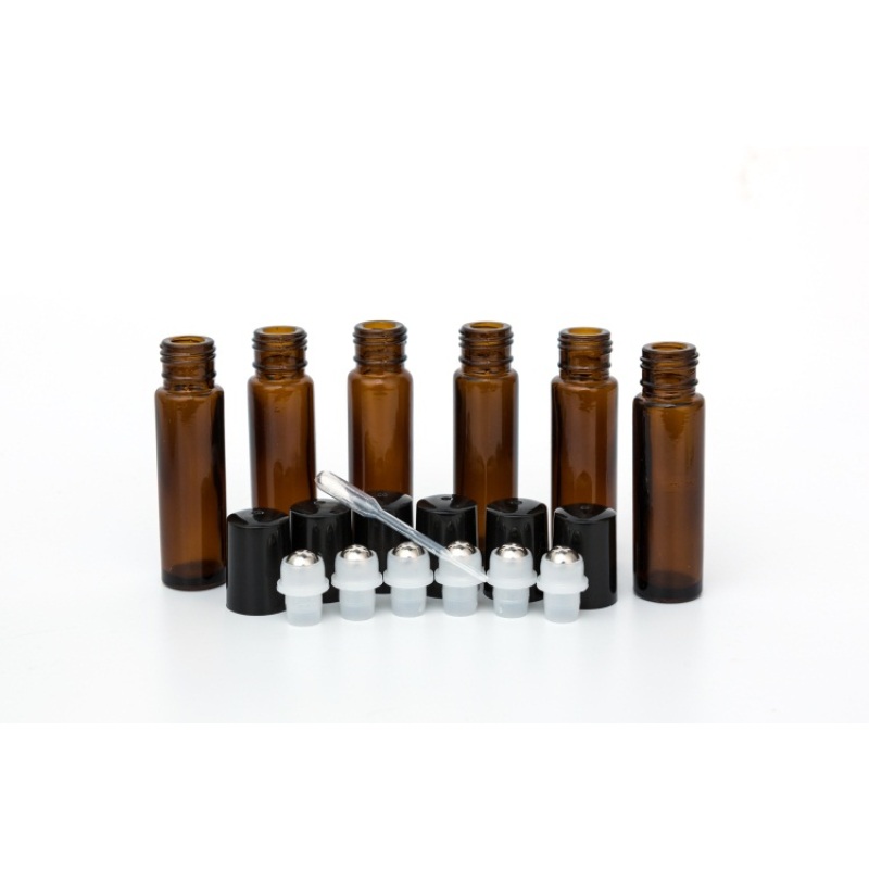 24 Pack 10ml Amber Glass Roll-on Essential Oil Bottle with Steel Roller for Ball Plastic Black Cap Funnel and Opener