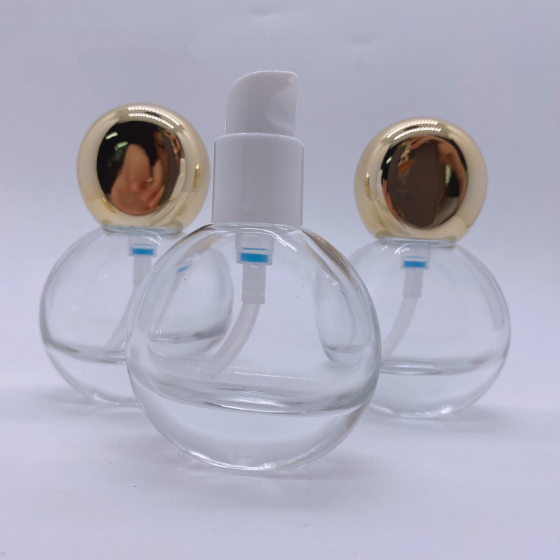 Cosmetic 30ml Shaped Thick Bottom Foundation Recycle Serum Pump clear Glass Essential Oil Bottle