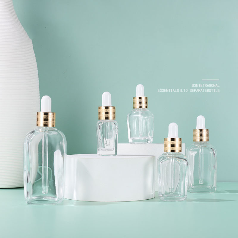Clear 30ml Square Glass Dropper Bottle with Gold Lid for Essential Oils