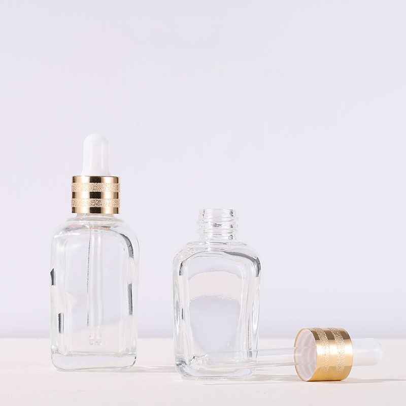 Clear 30ml Square Glass Dropper Bottle with Gold Lid for Essential Oils