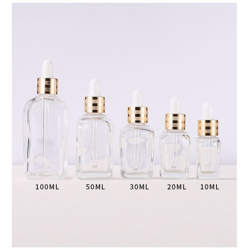 Clear 30ml Square Glass Dropper Bottle with Gold Lid for Essential Oils