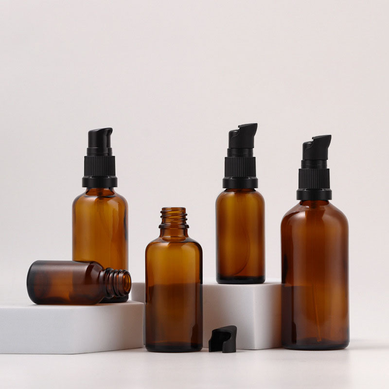 2025 New Year Gift Empty Amber Frosted Black Blue Green Fine Mist Glass Spray Dropper Bottles and Pump 10ml 20ml 30ml 50ml 100ml