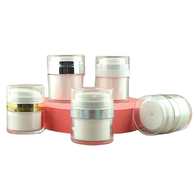 Empty 50ml Airless Vacuum Pump Jar Clear Outer White Inner Acrylic Cosmetic Jar with Silver Collar for Eye Cream Face