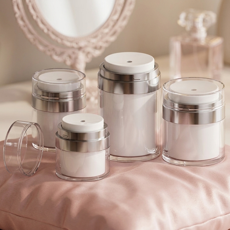 Empty 50ml Airless Vacuum Pump Jar Clear Outer White Inner Acrylic Cosmetic Jar with Silver Collar for Eye Cream Face