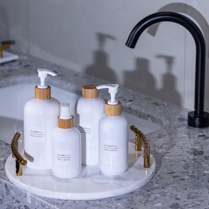 Skincare Set PET 200ml 250ml 350ml 500ml Shampoo Bottle Lotion Bottle Luxury Round Shoulder Plastic Bamboo Pump Bottle