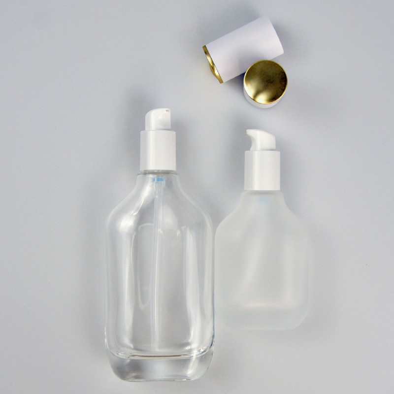 Thick Bottom Serum Bottle Frosted Glass Lotion Pump Bottle Cosmetic Container in Flat Shape