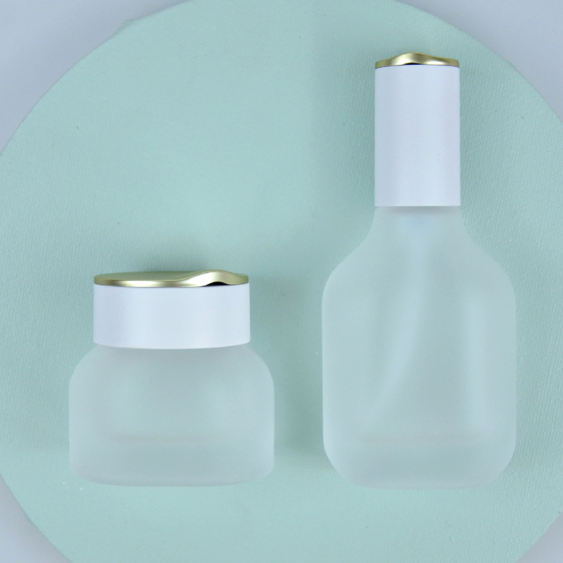 Thick Bottom Serum Bottle Frosted Glass Lotion Pump Bottle Cosmetic Container in Flat Shape