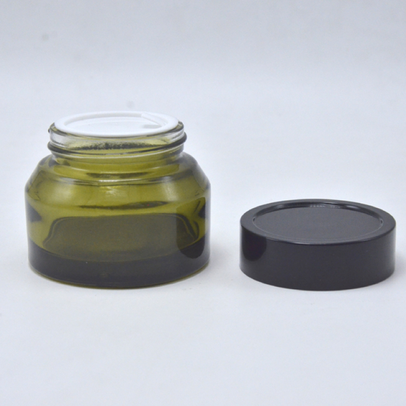Dark Green Wide Mouth Glass Cream Jar 50g Black Cap