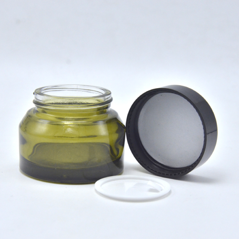 Dark Green Wide Mouth Glass Cream Jar 50g Black Cap