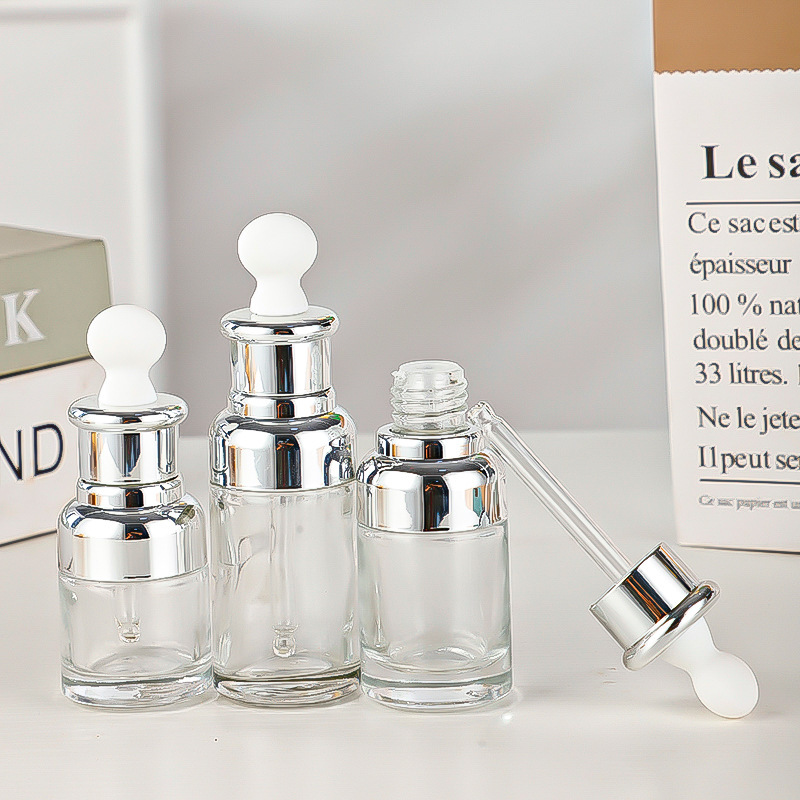 Unique Luxury 20ml 30ml 50ml Clear Glass Dropper Bottle Essential Oil Hair Oil Serum Container Aluminum Cap Minimum Order 100pcs