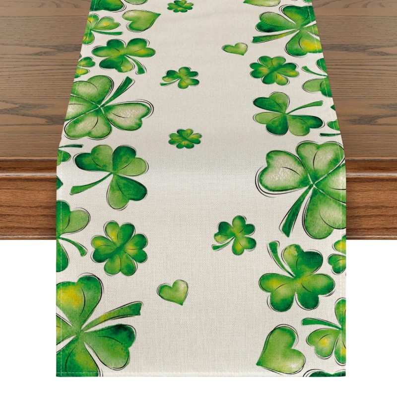 Green Shamrock Bushes St. Patrick's Day Table Runner,Seasonal Spring Holiday Kitchen Dining Table Decoration for Indoor Outdoor#