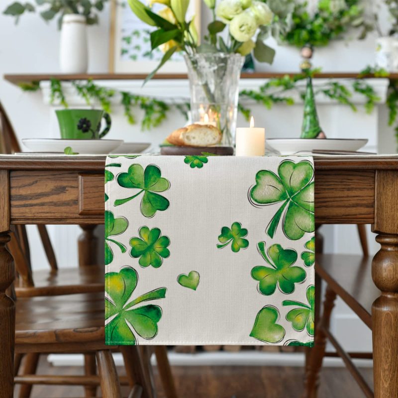 Green Shamrock Bushes St. Patrick's Day Table Runner,Seasonal Spring Holiday Kitchen Dining Table Decoration for Indoor Outdoor#