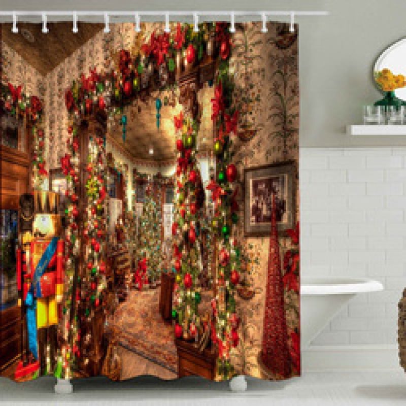 Anti Fungal Christmas Shower Curtain For Bathroom,Fireplace 3D Bath Curtain#