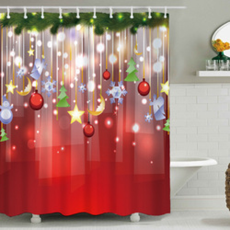 Anti Fungal Christmas Shower Curtain For Bathroom,Fireplace 3D Bath Curtain#