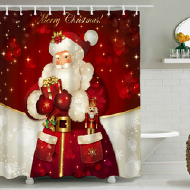 Anti Fungal Christmas Shower Curtain For Bathroom,Fireplace 3D Bath Curtain#