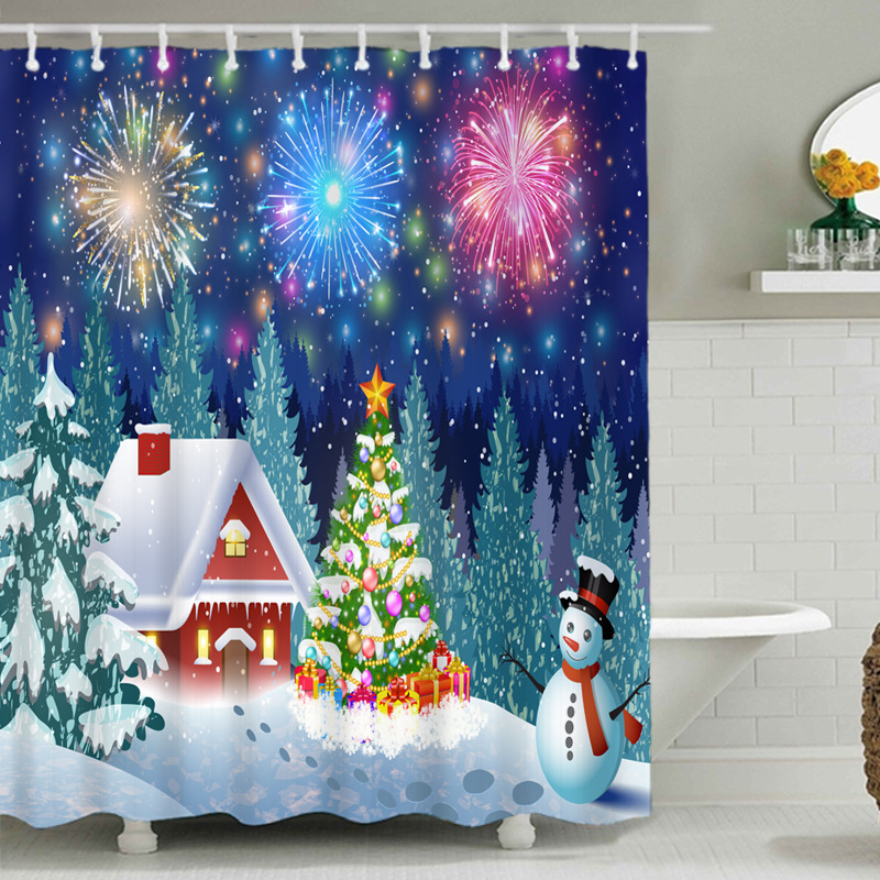 Anti Fungal Christmas Shower Curtain For Bathroom,Fireplace 3D Bath Curtain#