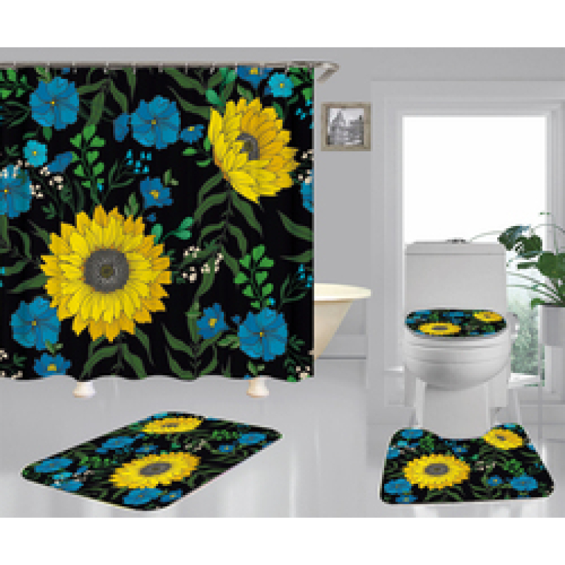 Hign Quality Sunflower Polyester Fabric Home Decor Waterproof Shower Curtain, Digital Print Floral Spring Plant Curtain Set/