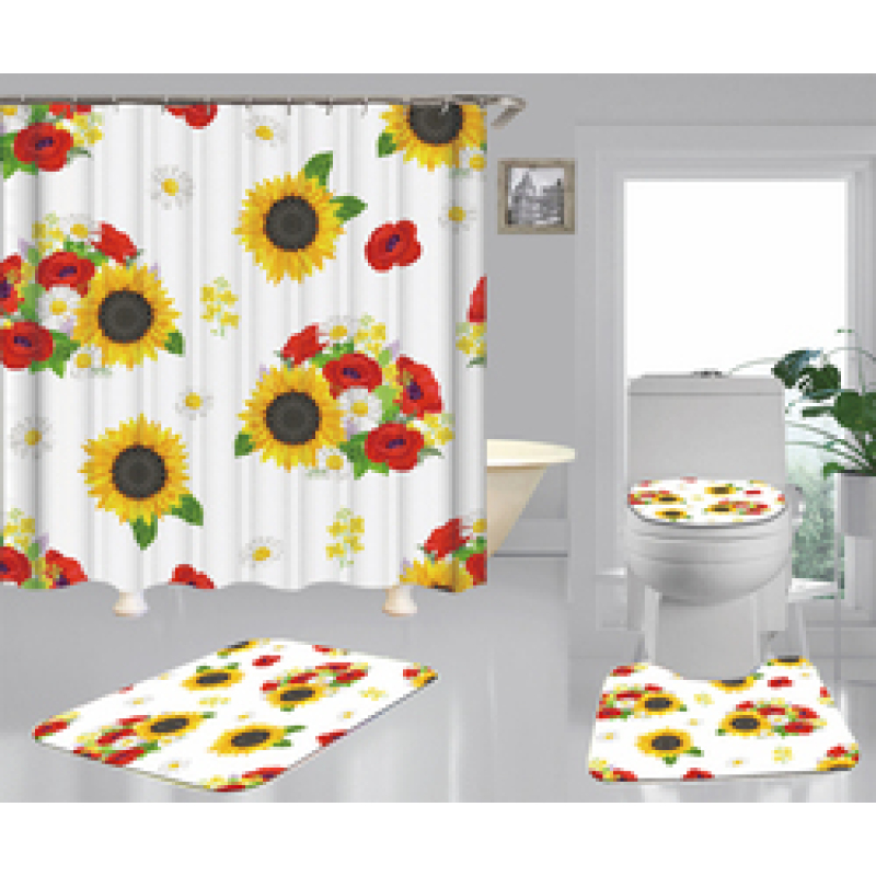 Hign Quality Sunflower Polyester Fabric Home Decor Waterproof Shower Curtain, Digital Print Floral Spring Plant Curtain Set/