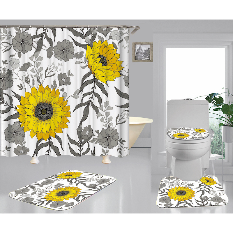 Hign Quality Sunflower Polyester Fabric Home Decor Waterproof Shower Curtain, Digital Print Floral Spring Plant Curtain Set/