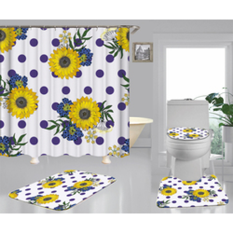 Hign Quality Sunflower Polyester Fabric Home Decor Waterproof Shower Curtain, Digital Print Floral Spring Plant Curtain Set/