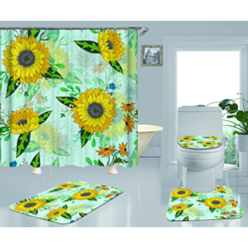 Hign Quality Sunflower Polyester Fabric Home Decor Waterproof Shower Curtain, Digital Print Floral Spring Plant Curtain Set/