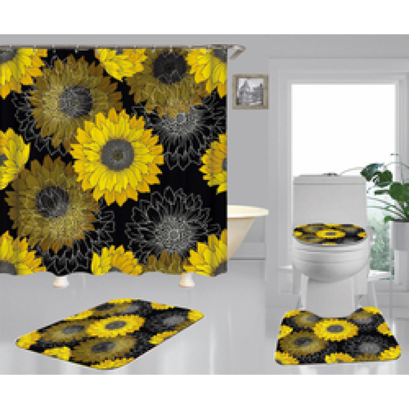 Hign Quality Sunflower Polyester Fabric Home Decor Waterproof Shower Curtain, Digital Print Floral Spring Plant Curtain Set/