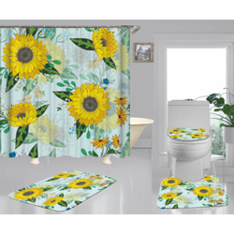 Hign Quality Sunflower Polyester Fabric Home Decor Waterproof Shower Curtain, Digital Print Floral Spring Plant Curtain Set/