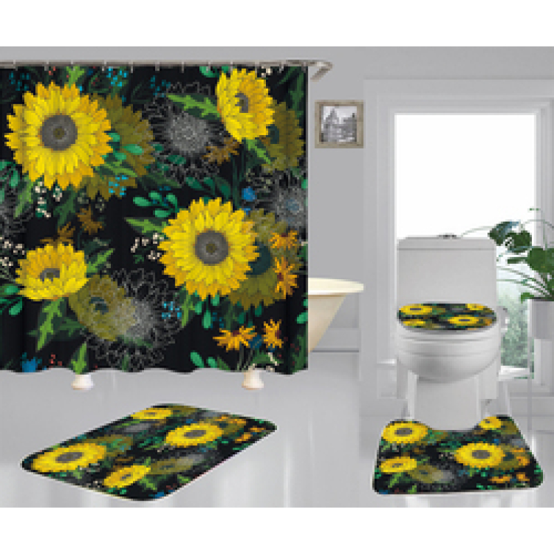 Hign Quality Sunflower Polyester Fabric Home Decor Waterproof Shower Curtain, Digital Print Floral Spring Plant Curtain Set/