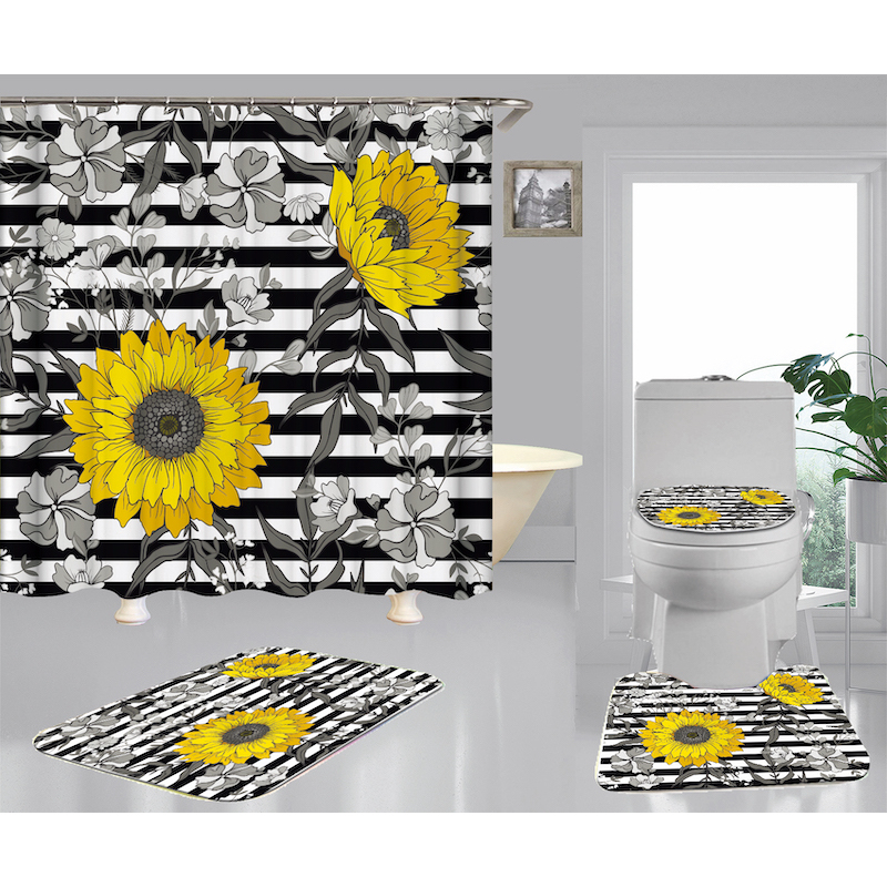 Hign Quality Sunflower Polyester Fabric Home Decor Waterproof Shower Curtain, Digital Print Floral Spring Plant Curtain Set/