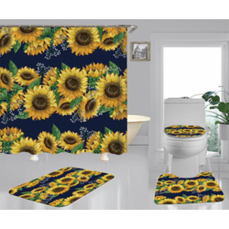 Hign Quality Sunflower Polyester Fabric Home Decor Waterproof Shower Curtain, Digital Print Floral Spring Plant Curtain Set/