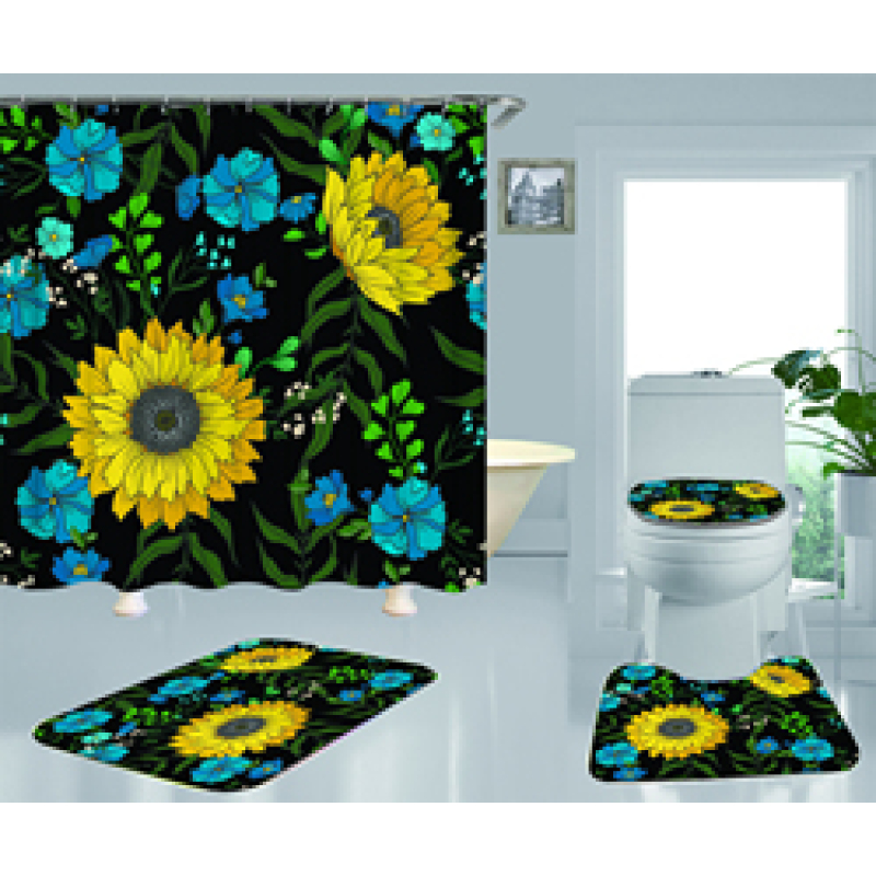 Hign Quality Sunflower Polyester Fabric Home Decor Waterproof Shower Curtain, Digital Print Floral Spring Plant Curtain Set/