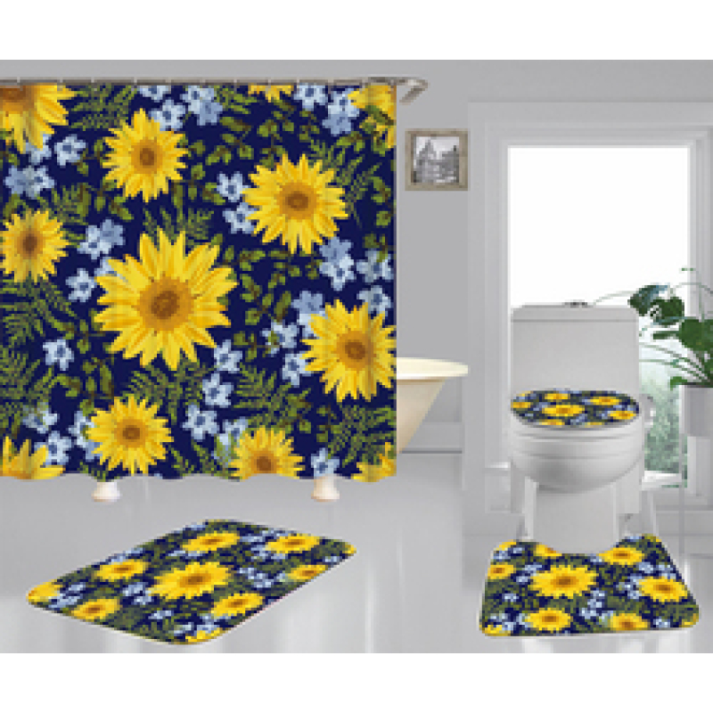 Hign Quality Sunflower Polyester Fabric Home Decor Waterproof Shower Curtain, Digital Print Floral Spring Plant Curtain Set/