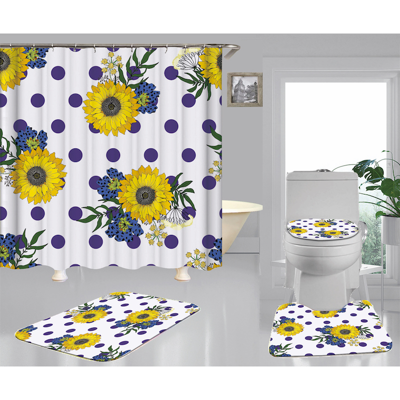 Hign Quality Sunflower Polyester Fabric Home Decor Waterproof Shower Curtain, Digital Print Floral Spring Plant Curtain Set/