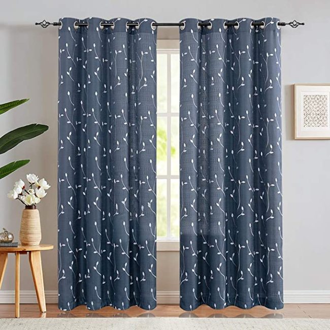 Blue Curtains for Bedroom Floral Embroidered Drapes for Living Room Embroidery, Grommet Window Curtain Panels Set/