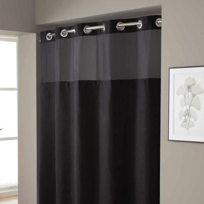 Hookless Mildew Polyester Fabric Shower Curtain black Waffle weave snap liner hookless shower curtain