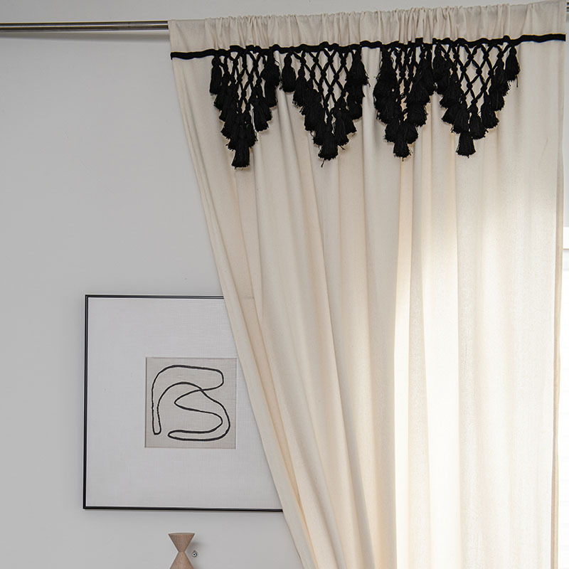 High Quality Cotton BOHO Built-in Grommets Top Rod Pocket Hooks Blackout Woven Tassel Bay Window curtains with Hooks