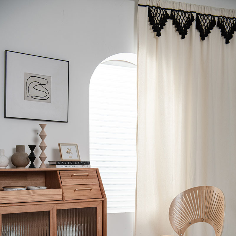 High Quality Cotton BOHO Built-in Grommets Top Rod Pocket Hooks Blackout Woven Tassel Bay Window curtains with Hooks