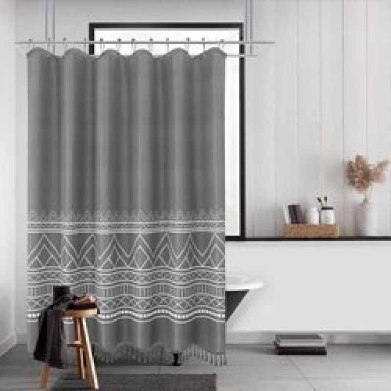 Custom Boho Waffle Printed Bathroom Curtain , Wholesale Shower Curtains With Tassel$