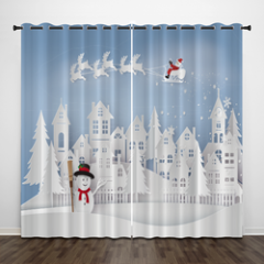 Santa Curtains Father Christmas and Reindeer Smiling Behind a Festive Pine Tree in Red Balls Frame Living Room Bedroom Window