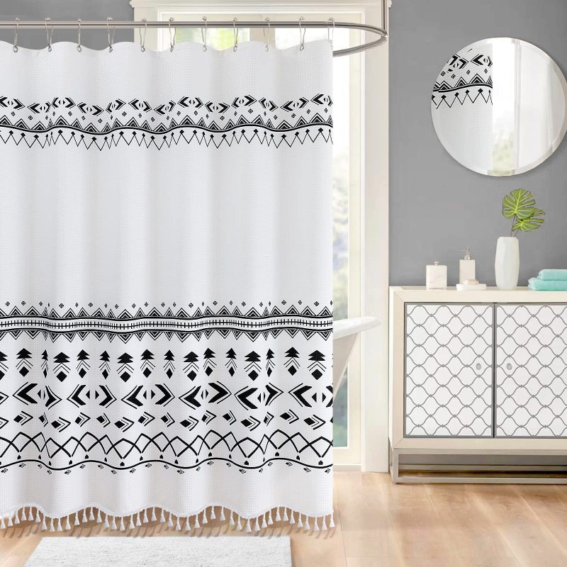Custom Waffle Shower Curtains, Printed Polyester Bath Curtain With Tassel$
