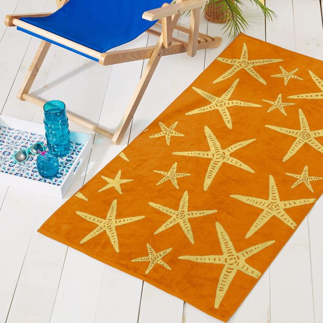 Amazon plush orange and yellow starfish and striped print beach towel.  100% cotton sailing beach towel, big pool towel  /