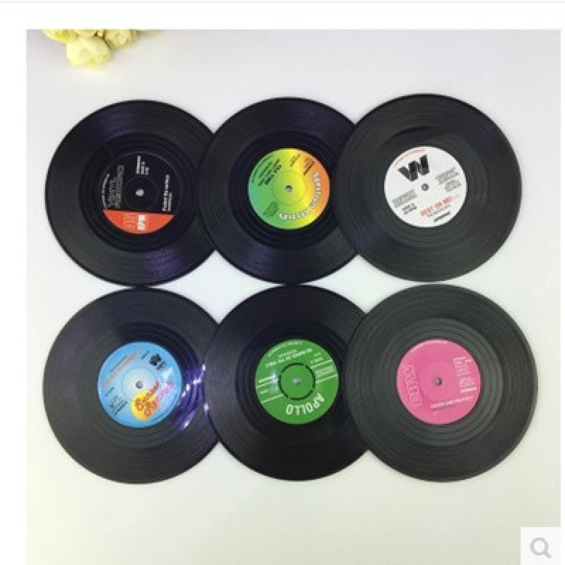 6pcs Customize logo vinyl coaster cup mat,Soft PVC rubber retro record coaster/