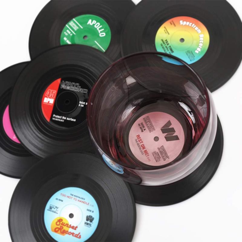 6pcs Customize logo vinyl coaster cup mat,Soft PVC rubber retro record coaster/
