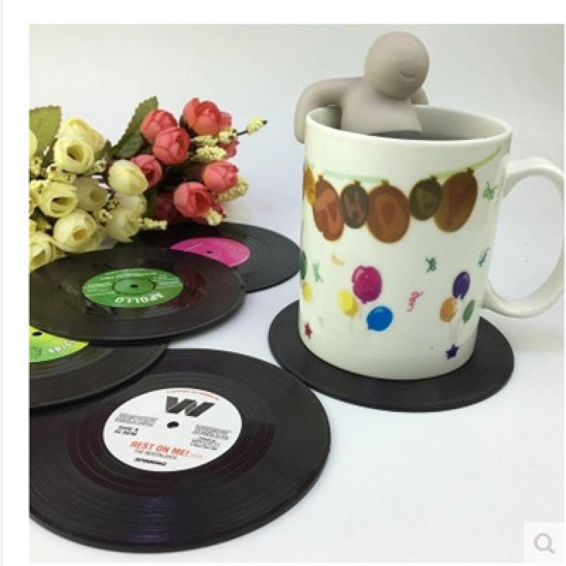 6pcs Customize logo vinyl coaster cup mat,Soft PVC rubber retro record coaster/