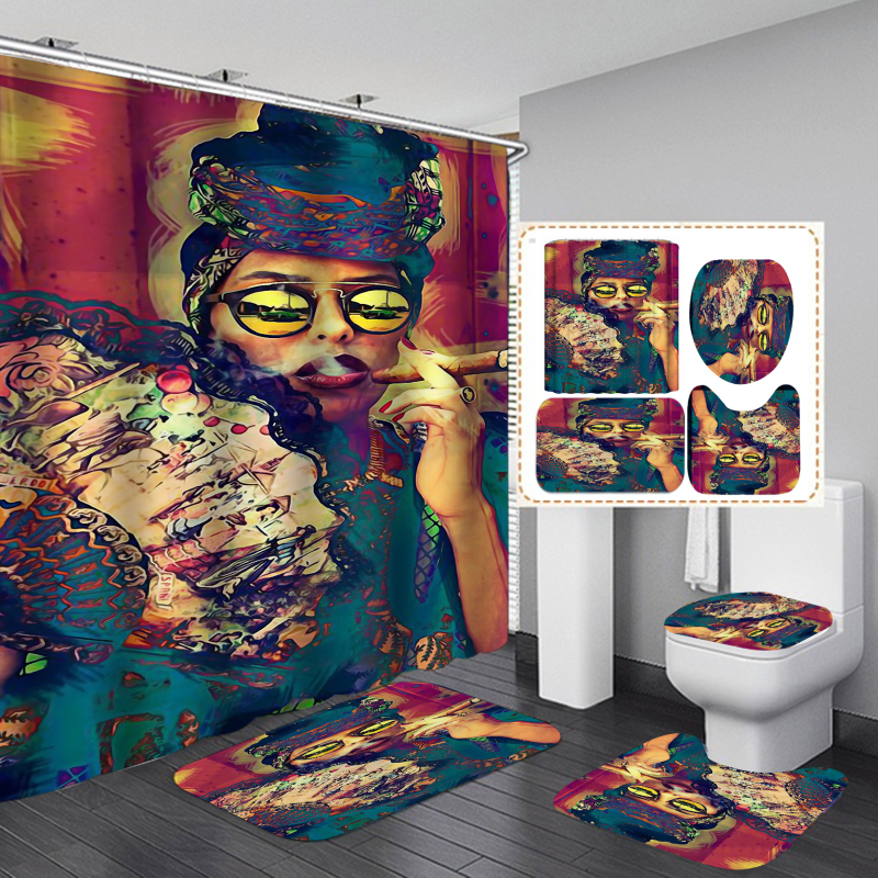 Hot Sale Fancy Digital Printed Hand Draw African Man Woman Shower Curtain Set, China Anti Fungal With Small Eyelet Shower Curta