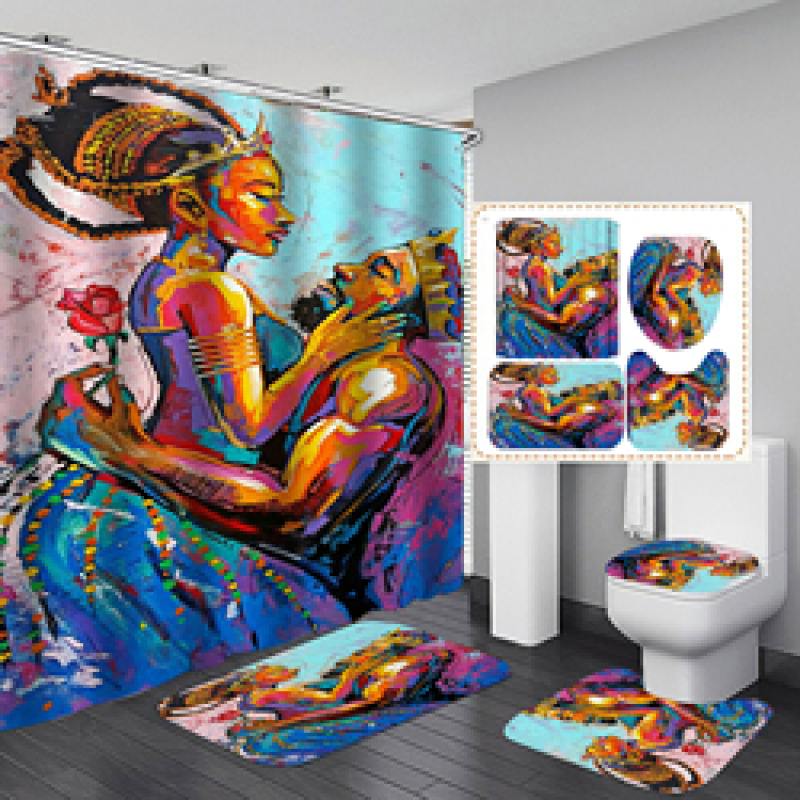 Hot Sale Fancy Digital Printed Hand Draw African Man Woman Shower Curtain Set, China Anti Fungal With Small Eyelet Shower Curta