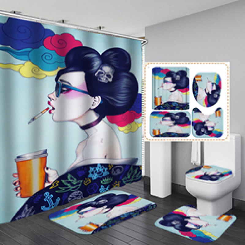 Hot Sale Fancy Digital Printed Hand Draw African Man Woman Shower Curtain Set, China Anti Fungal With Small Eyelet Shower Curta
