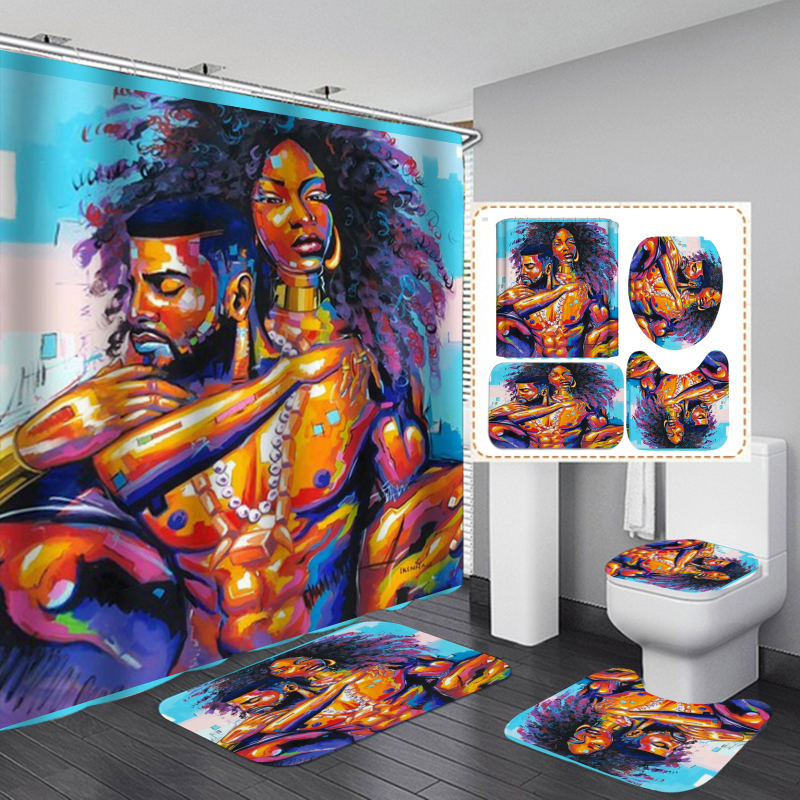 Hot Sale Fancy Digital Printed Hand Draw African Man Woman Shower Curtain Set, China Anti Fungal With Small Eyelet Shower Curta