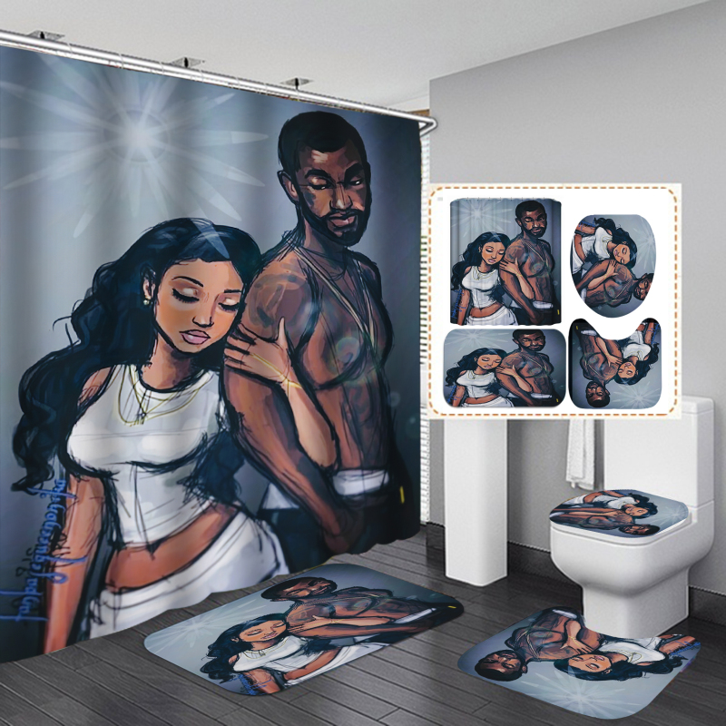 Hot Sale Fancy Digital Printed Hand Draw African Man Woman Shower Curtain Set, China Anti Fungal With Small Eyelet Shower Curta