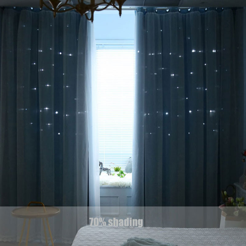 Star Laser Cutting Hollow Cut Out Shaped Polyester Blackout Living Room Curtain, Thermal Insulated